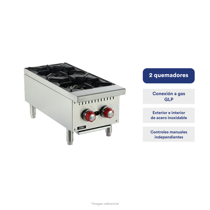 Cocina industrial de sobremesa a gas con 2 hornillas