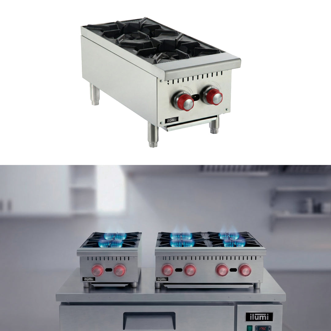 Cocina industrial de sobremesa a gas con 2 hornillas