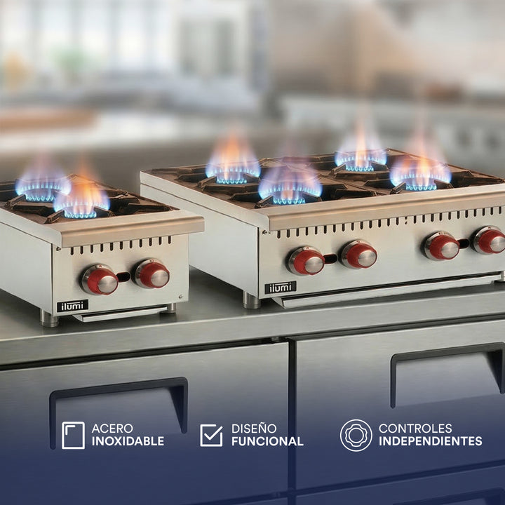 Cocina industrial de sobremesa a gas con 2 hornillas