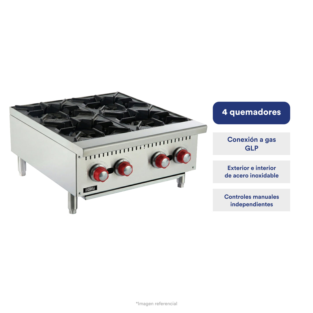 Cocina industrial de sobremesa a gas con 4 hornillas