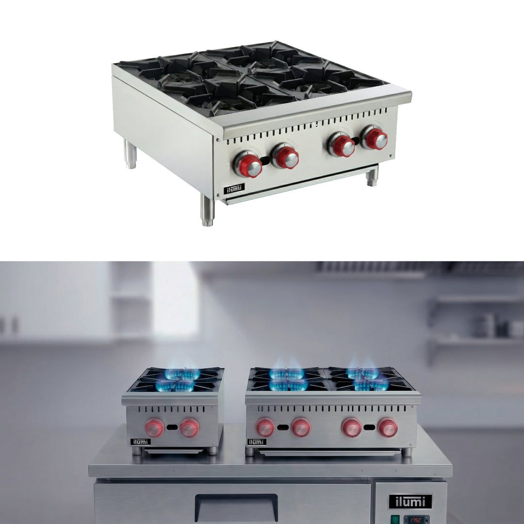 Cocina industrial de sobremesa a gas con 4 hornillas