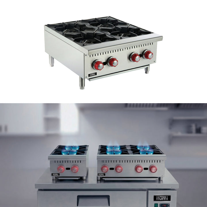 Cocina industrial de sobremesa a gas con 4 hornillas