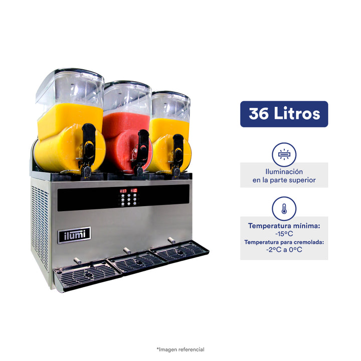 Máquina cremoladera de 36 litros con 3 tolvas