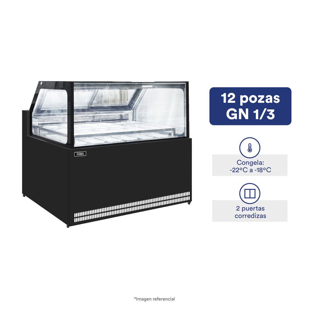 Congelador Heladero Premium con 12 pozas acrílicas y vitrina recta