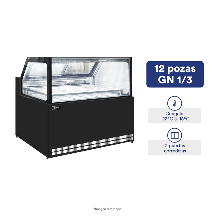 Congelador Heladero Premium con 12 pozas acrílicas y vitrina recta