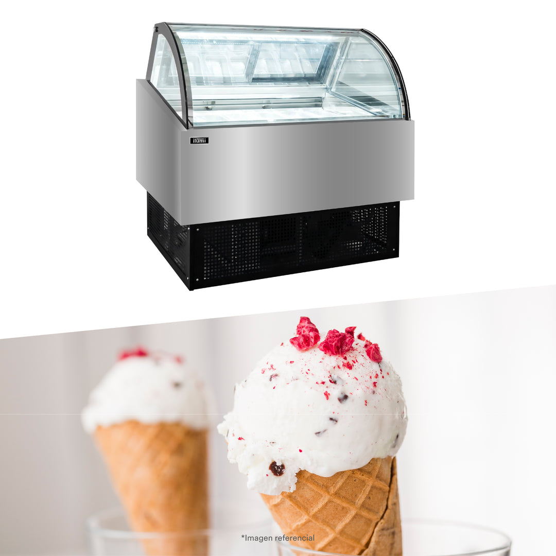Congelador Heladero Premium con 12 pozas y vitrina curva
