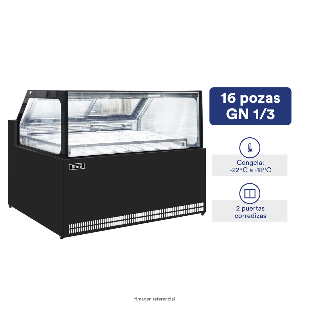 Congelador Heladero Premium con 16 pozas acrílicas y vitrina recta