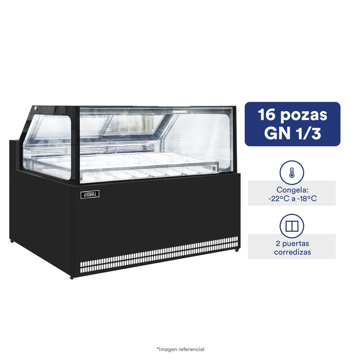 Congelador Heladero Premium con 16 pozas acrílicas y vitrina recta