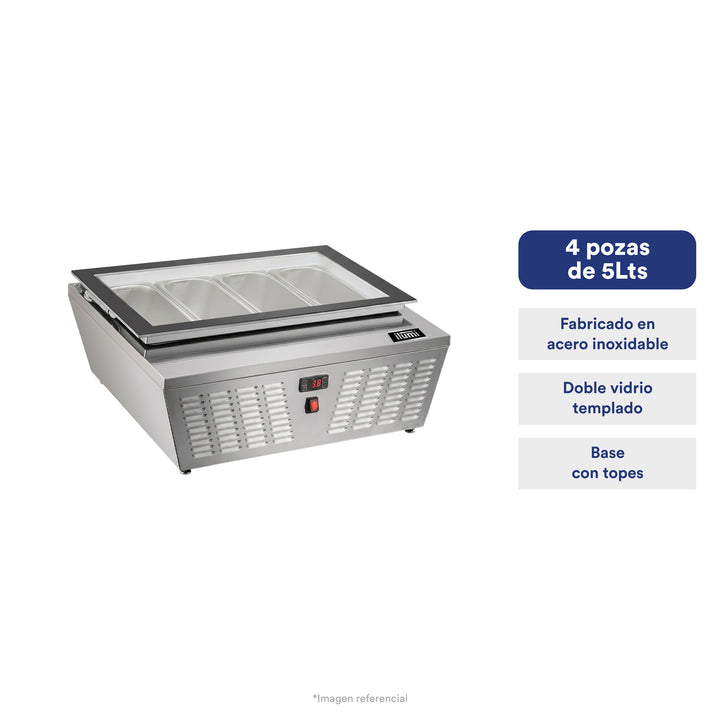 Vitrina heladera de sobremesa con 4 pozas