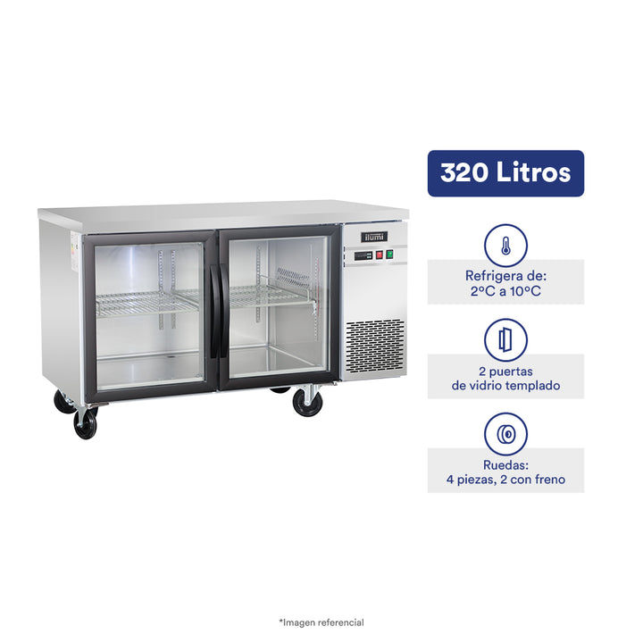 Mesa refrigerada de 320 litros con 2 puertas de vidrio