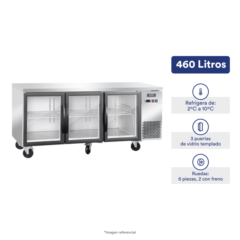 Mesa refrigerada de 460 litros con 3 puertas de vidrio