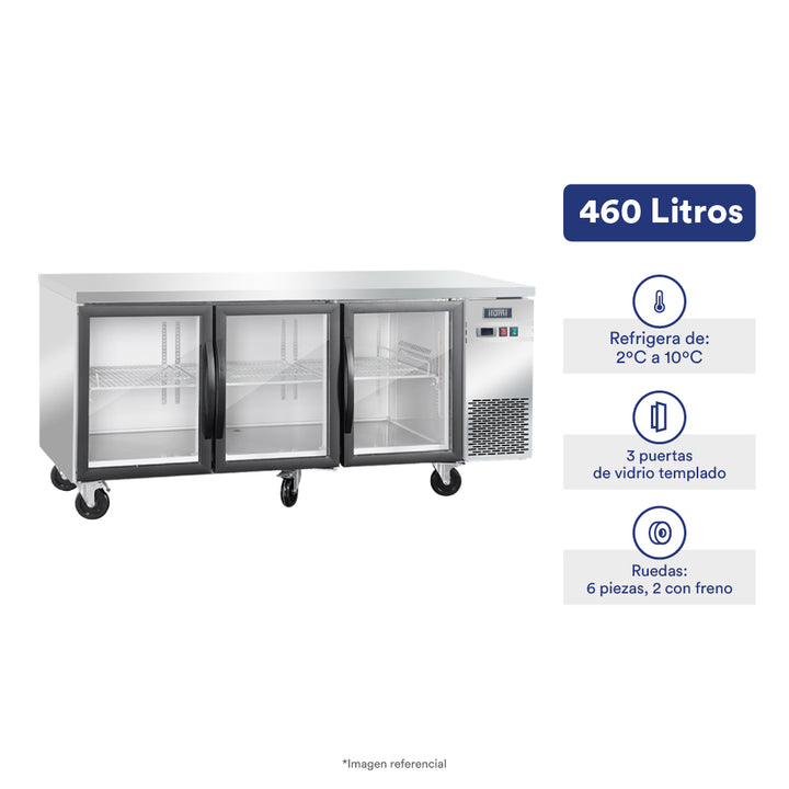 Mesa refrigerada de 460 litros con 3 puertas de vidrio