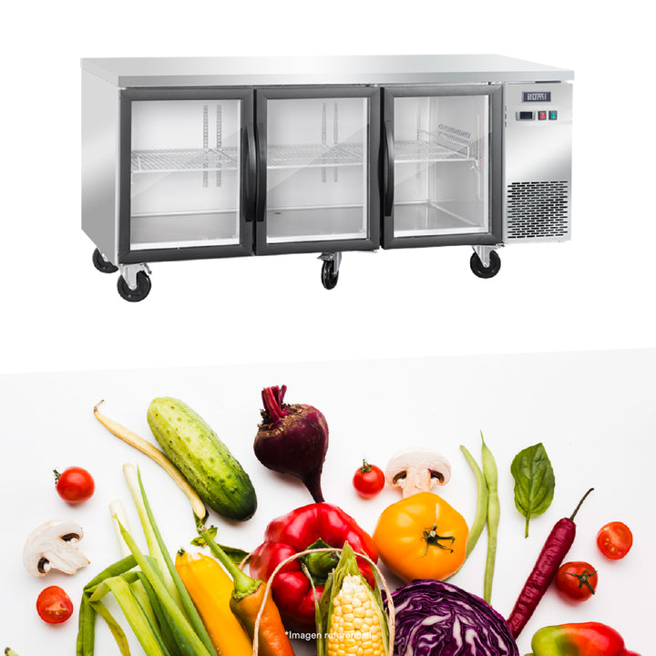 Mesa refrigerada de 460 litros con 3 puertas de vidrio