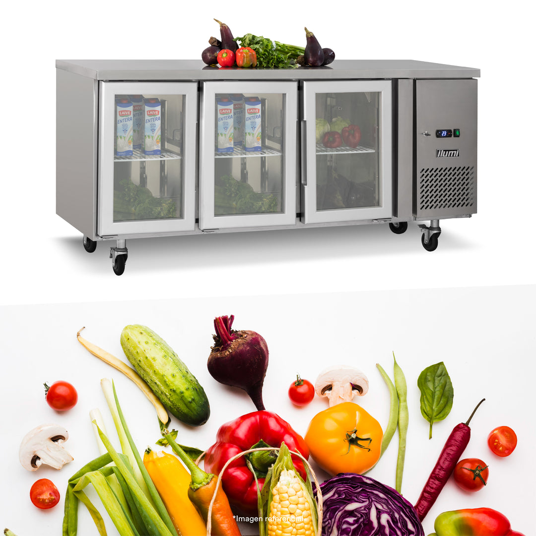 Mesa refrigerada de 420 litros con 3 puertas de vidrio