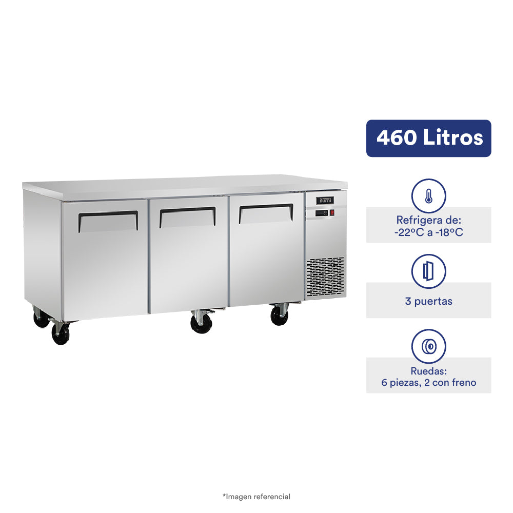 Mesa congeladora de 460 litros con 3 puertas sólidas