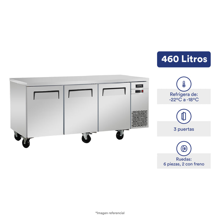 Mesa congeladora de 460 litros con 3 puertas sólidas