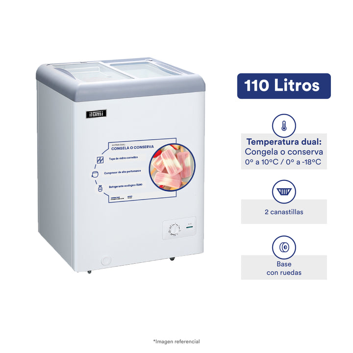 Congelador con tapa de vidrio de 110 litros