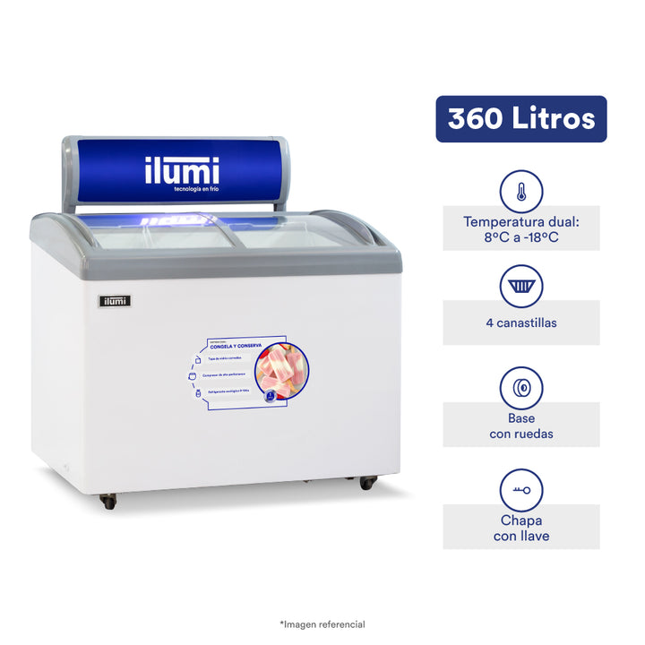 Congelador con tapa de vidrio de 360 litros