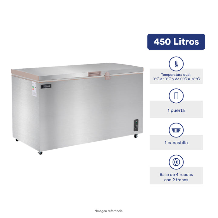 Congelador con tina y cuerpo de acero inoxidable de 450 litros